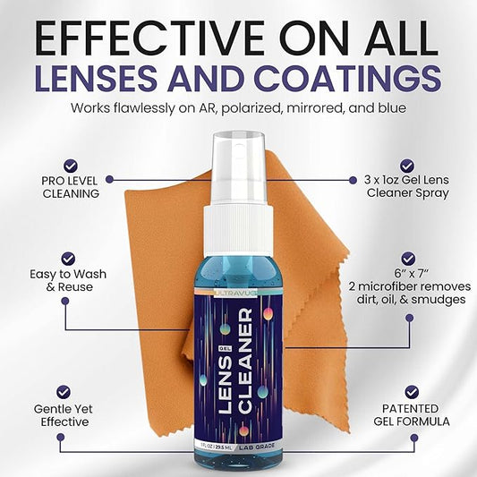 Eyeglass Gel Lens Cleaner Spray Kit - 3 x 1oz Gel Eyeglasses Cleaner Spray Bottle + 2 Microfiber Cloth for Cleaning - Safe for All Lenses (AR Coated Included), Eyeglasses and Screens