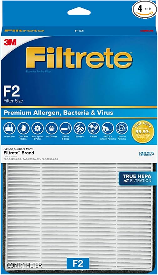 Filtrete F2 Room Air Purifier Filter, True HEPA Premium Allergen, Bacteria, and Virus, 13 in. x 8.2 in., 4-Pack, works with devices: FAP-C02WA-G2, FAP-C03BA-G2, FAP-T03BA-G2 and FAP-SC02N