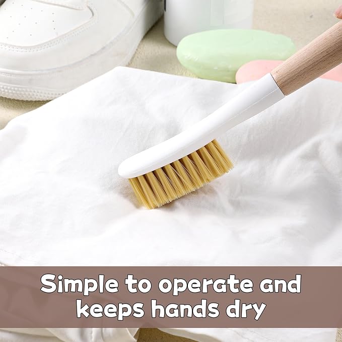 Wood Laundry Stain Brush with Soft Bristle, Stain Remover Brushes with Long Handle for Cleaning Shoes Clothes Fabric, Protable Laundry Scrub Brush for Stains on Clothes(Natural)