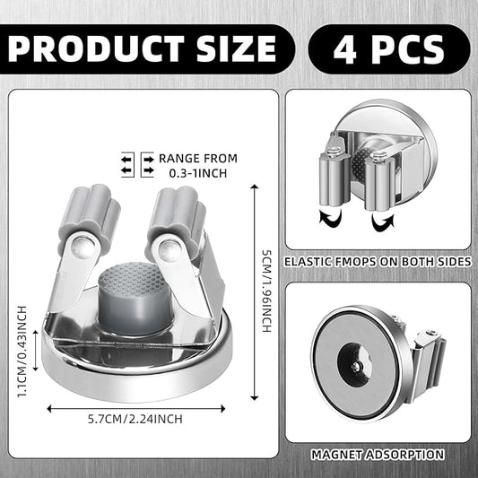 4 Pcs Magnetic Mop Broom Holder Movable Magnetic Broom Holder Rack, Anti Slip Wall Mounted Utility for Cleaning Tools, Garage, Kitchen, Laundry, Garden (Silver)