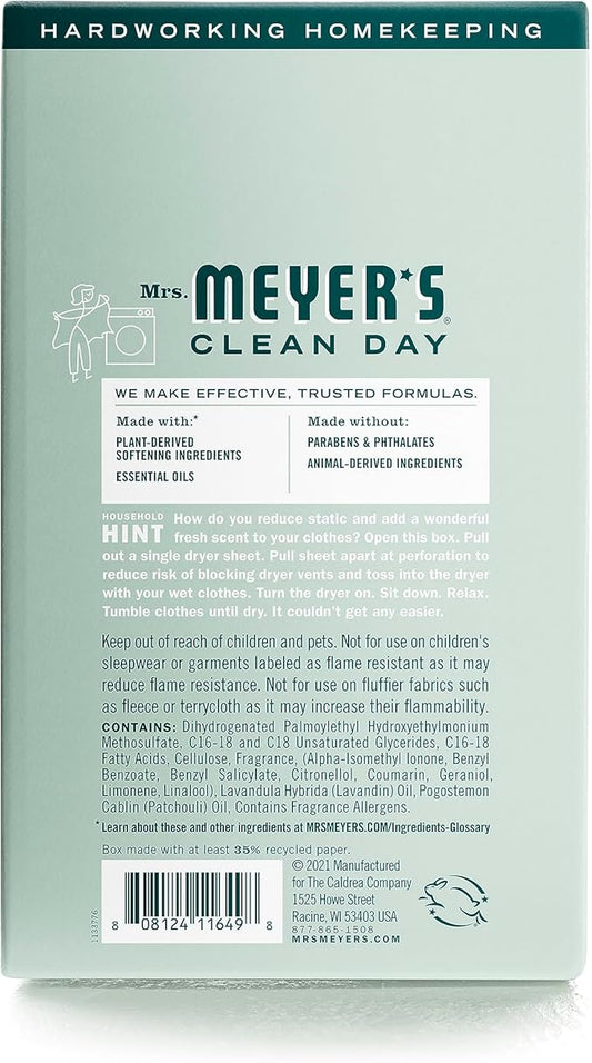 MRS. MEYER'S CLEAN DAY Dryer Sheets, Fabric Softener, Reduces Static, Infused with Essential Oils, Birchwood, 80 Count (Pack of 3)