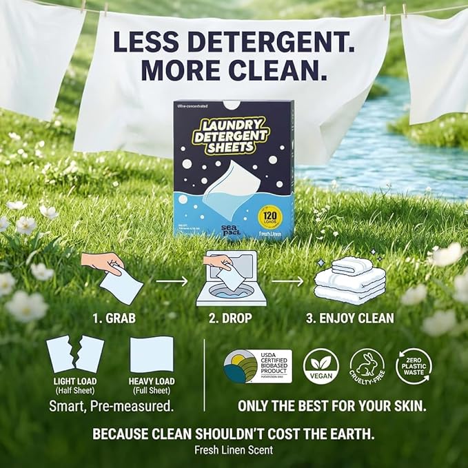 Laundry Detergent Sheets 120 Loads, Fresh Linen Scent, No Plastic No mess, Pre-Measured for Deep Clean Hypoallergenic, Space Saving, easy for Dorm House, Travel essentials, Quick Dissolve, 60 Ct