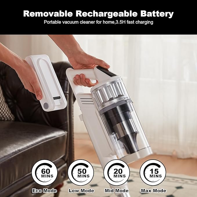 Cordless Vacuum Cleaner - Vacuum Cleaners for Home, 45KPA 550W Stick Handheld Portable 60 Mins Runtime Rechargeable Battery Pet Hair Hardwood Floor Vac, Household Lightweight Hand Vac, V10 White