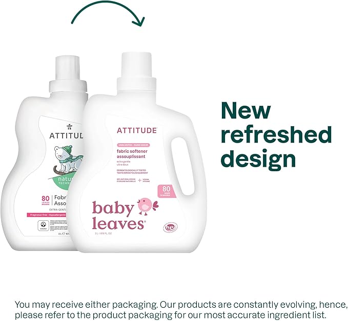 ATTITUDE Baby Fabric Softener, Plant and Mineral-Based Ingredients, HE Compatible, Vegan and Cruelty-free Laundry and Household Products, Unscented, 80 Loads, 67.6 Fl Oz