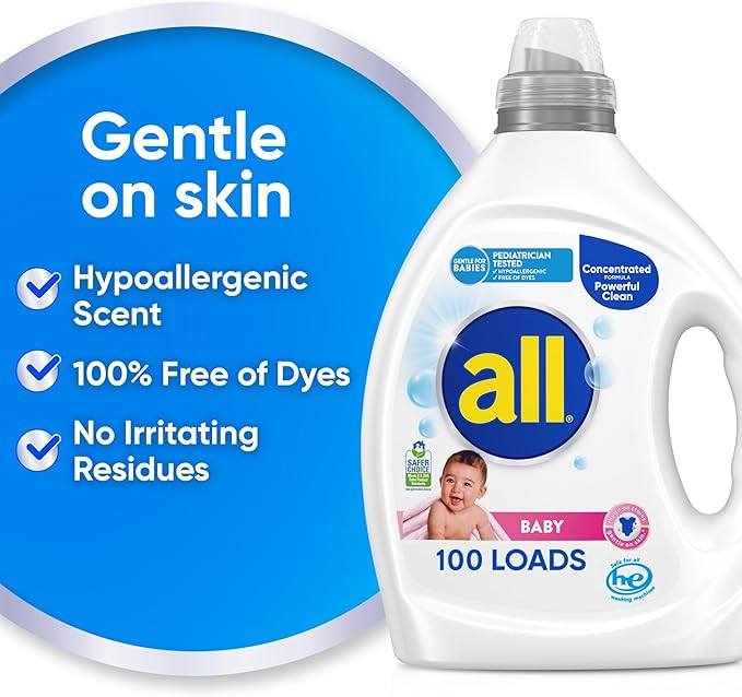 all Baby, Gentle for Baby, Liquid Laundry Detergent, Hypoallergenic for Sensitive Skin, Concentrated, 75oz, 100 Loads