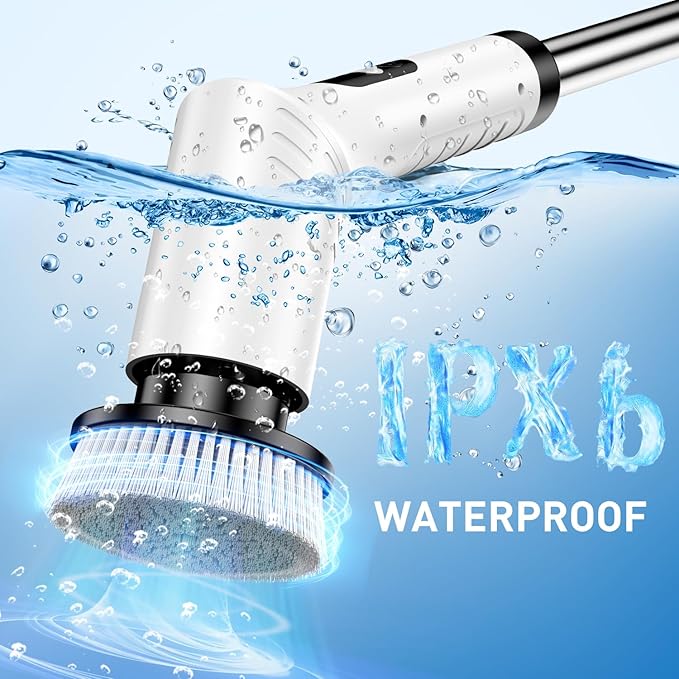 Electric Spin Scrubber, Cordless Power Cleaning Brush with 7 Replaceable Heads, Adjustable Long Handle, & LCD Display, IPX6 Waterproof Shower Scrubber for Bathroom, Tub, Tile, Floor & Car
