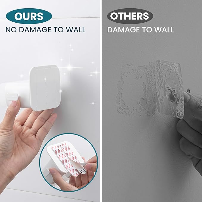 TAILI Mop and Broom Holder Wall Mount Grippers, 3 Hangers and 8 Adhesive Strips, Damage Free Hanging Wall Mount, Household Cleaning Organizer for Organization and Storage, Holds up to 4 lbs, White