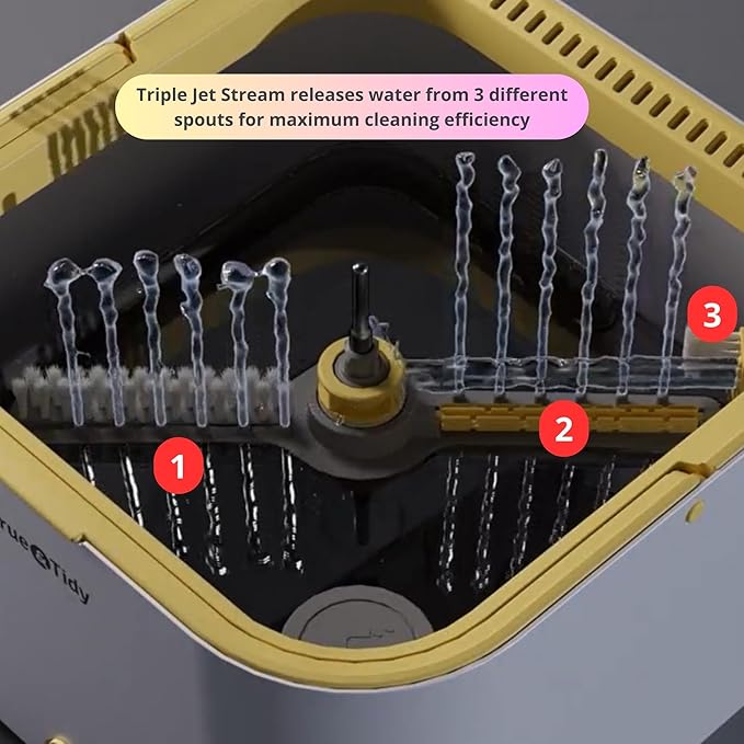 Spin Mop and Bucket System PRO w/Detachable Inner Bucket, Separates Clean and Dirty Water, Self Standing, Foldable Square Mop Head, Triple Jet Stream w/Hidden Brush, Replaceable 2pc Pads