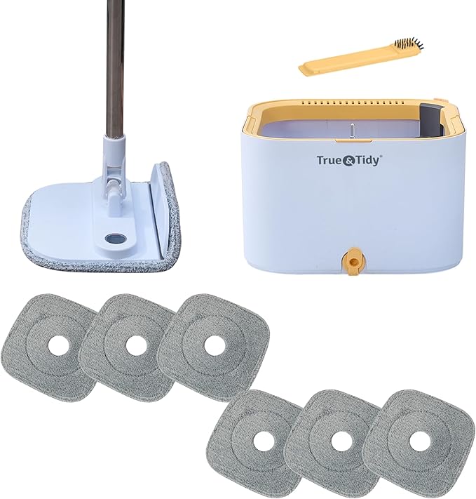 True & Tidy® TrueClean Mop and Bucket System Plus with New Easy Lift Inner Bucket, Self Wringing, Separates Clean from Dirty Water, Folding Mop Head, Dual Brush System, 6-pc Machine Washable Pads