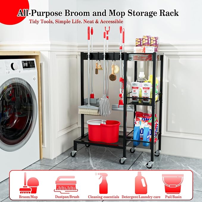 Broom and Mop Holder with Wheels, Large Capicity Cleaning Supplies Organizer with 3-tier Storage Shelf, Cleaning Rack with Hanger Grippers Hooks, Narrow Housekeeping Rack for Laundry Room Garage