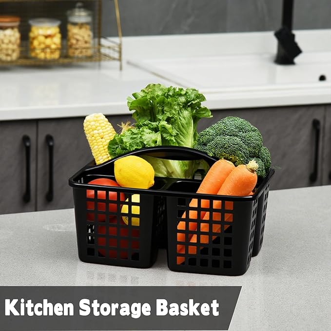 Haundry Plastic Shower Caddy Basket with 3 Compartments, Portable Divided Cleaning Supply Storage Organizer with Handle (Black)