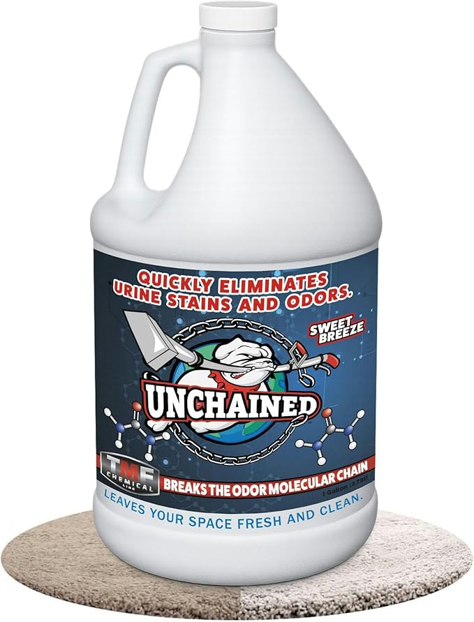 Unchained Urine Stain & Odor Remover – Enzyme Cleaner for Dog & Cat, Pet Odor Eliminator on Carpet & Furniture, Industrial Strength Urine & Feces Neutralizer, Sweet Breeze – 1Gallon