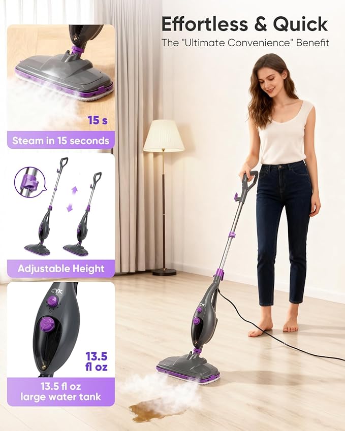 CYK Steam Mops for Floor Cleaning, 12 in 1 Handheld Steam Cleaner for Home, Floor Steamer for Hardwood Floors and Tile (Purple-grey)