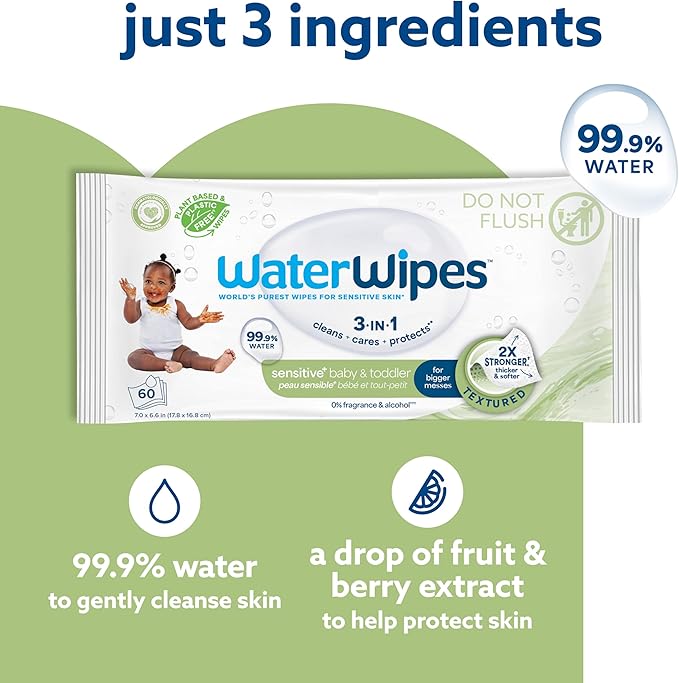 WaterWipes Sensitive+ Baby & Toddler Wipes, 3-In-1 Cleans, Cares, Protects, 99.9% Water, Textured Clean, Unscented & Hypoallergenic, 720 Count (12 Packs)