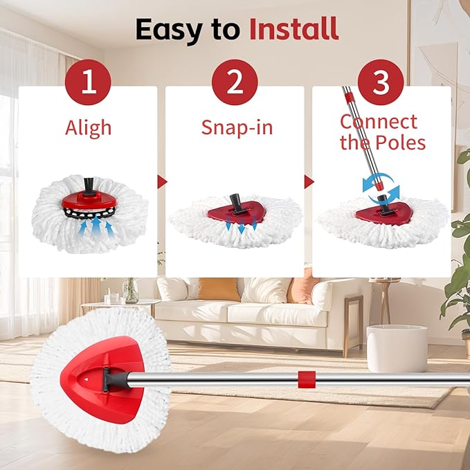 Spin Mop Replace Head, Base, Handle Compatible with O Cedar EasyWring Microfiber Spin Mop, 2 Mop Refills Replacement Heads, 30-58in Mop Handle and 1 Mop Base Combo Set (White (1-Tank System))