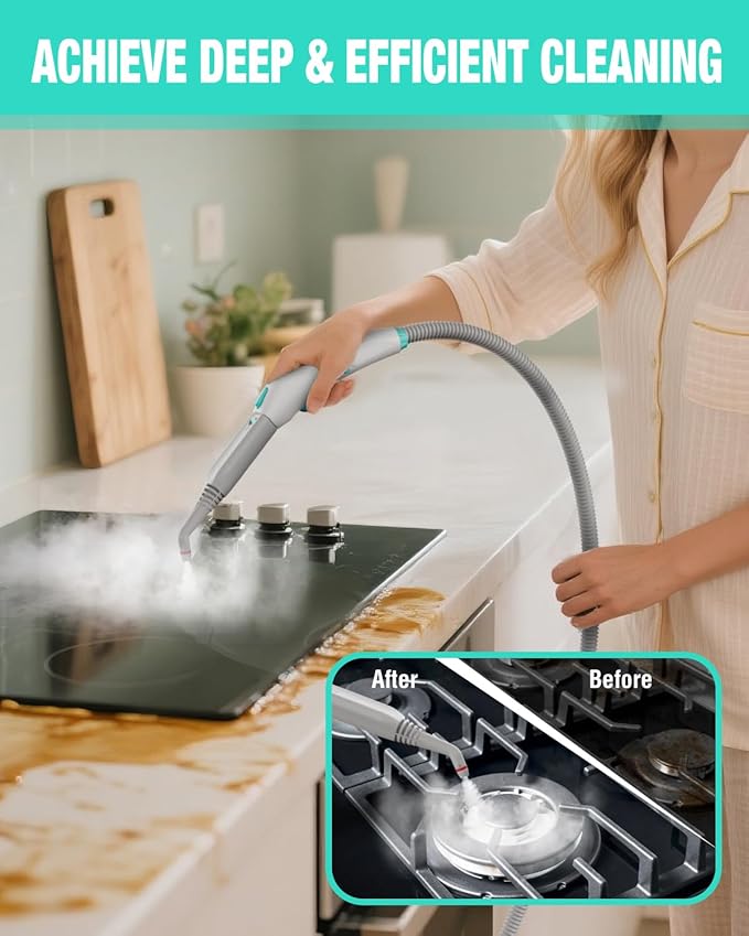 HAUSHOF Steam Cleaner with 1.5L Large Tank and Wheels, 4 Bar Portable Steam Cleaner with 16 Accessories, 1500W Steamer for Car Detailing, Floor, Dirt, Grease, Grout