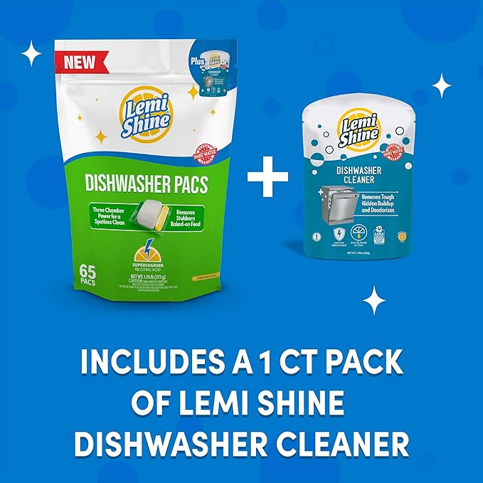 Lemi Shine Natural Dishwasher Detergent Pacs with Dishwasher Cleaner Pouch - Eco Friendly Cleaning Supplies - 31.8 oz (65 Count)