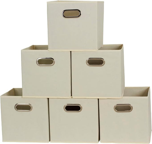 Fabric Storage Bins 6 Piece Set, Strong Poly-Woven Fabric, Sturdy Chipboard Sides, Grommet Front Handle, Stackable and Foldable, Classic Design, Cream