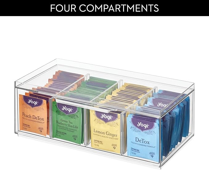 iDesign Stackable 4-Section Tea Storage Drawers - Tea Bag Organizers for Cabinet or Countertop - Set of 2 - Clear