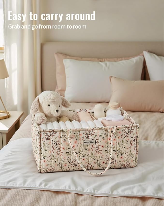 Blissful Diary Floral Diaper Caddy Organizer, Stylish Nursery Storage Basket, Diaper Bag,Gift for Baby Shower, Baby Registry Must Have, Newborn Essentials, Pastoral Daisy