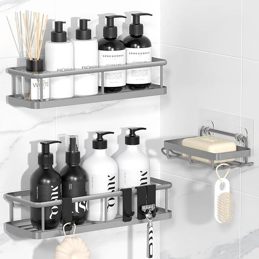 YASONIC Shower Caddy Adhesive, No Drill Bathroom Shower Organizers, with Removable Hooks and Soap Holder, Rust Proof Shower Shelves, Wall-Mounted Shower Holder, 3 Pack, Grey