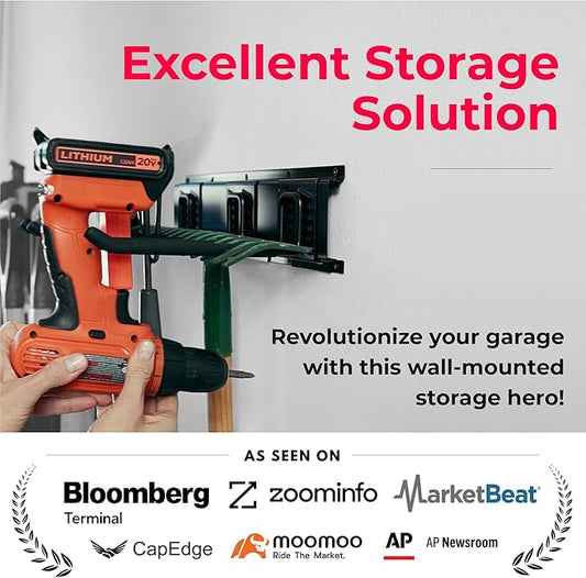 Heavy-Duty Garage Wall Storage System | Wall Mounted Tool Organizer Rack with Shelving | 10-Piece Mounting Kit | Includes 4x8.5” Adjustable Hooks & 2x16.5” Floating Utility Shelves