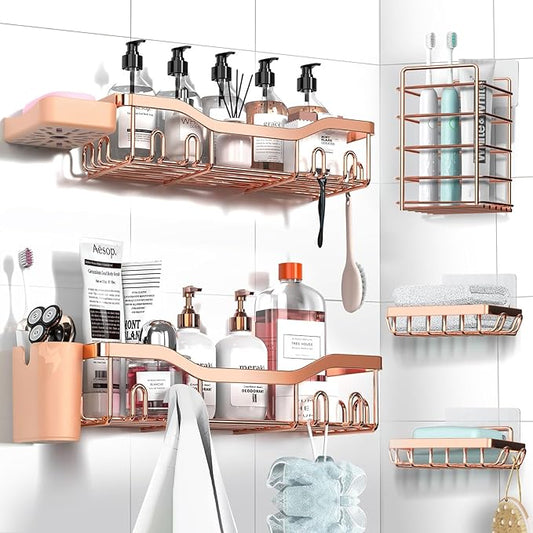 Shower Caddy Adhesive Shower Organizer 7-Pack, Rustproof Stainless Steel Bathroom Shelves, Large Capacity No-Drill Rack Storage Accessories with Soap Dish Toothbrush Holder Hooks