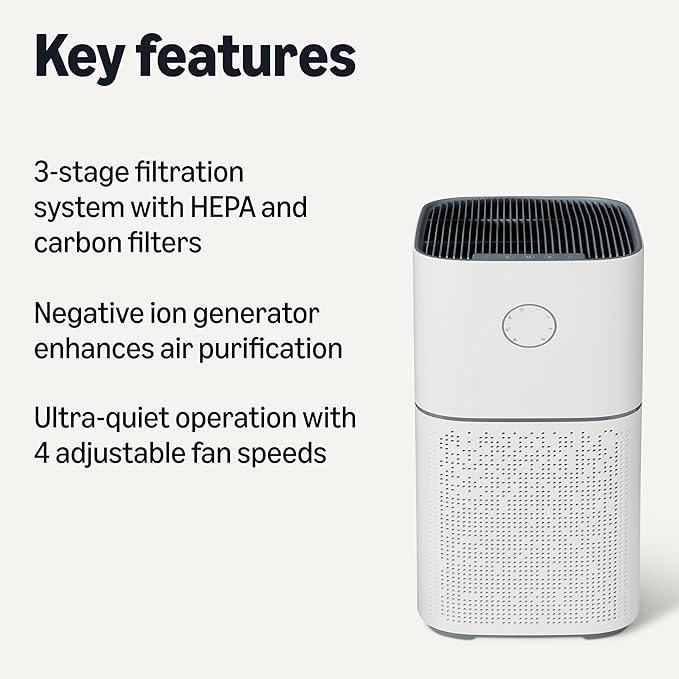 Amazon Basics Air Purifier for Home Large Rooms with 3-Stage Filtration, Covers Up to 2600 Sq ft, White