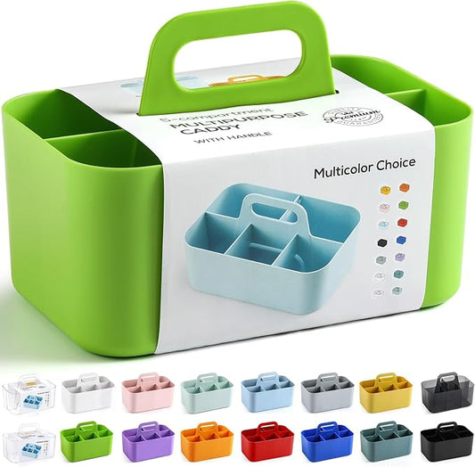 Multiuse Caddy Organizer with Handle - Stackable Plastic Tote Bin - Art Craft Supplies, Office, Desk, Stationery Pen Holder, Kitchen, Utensil, Makeup, Bathroom, Shower, Cleaning, Dorm Organizer -Green