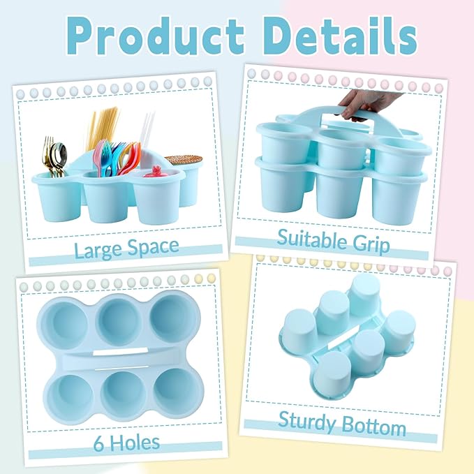 6 Pack Classroom Caddy with Handle Plastic Storage Caddy Organizer with 6 Compartments Drink Cup Caddies Holder Portable Storage Bin for Pencil, Crayon, Marker, Home Office School Supplies(Light Blue)