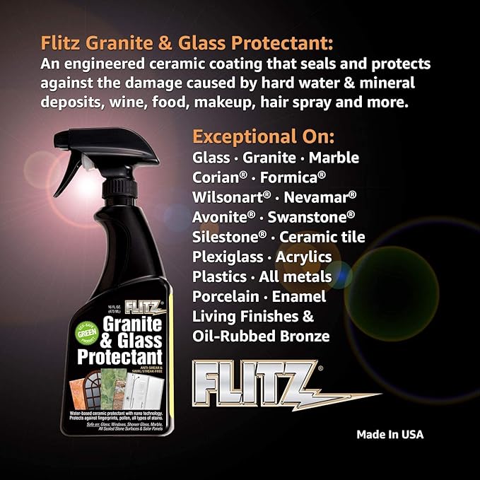Flitz Granite & Glass Protectant - 16oz Bottle of USA-Made Granite Sealer and Glass Countertop Protector - Cleans & Prevents Liquid, Stains, & Others - Also Works on Marble & All Metals (12 Pack)