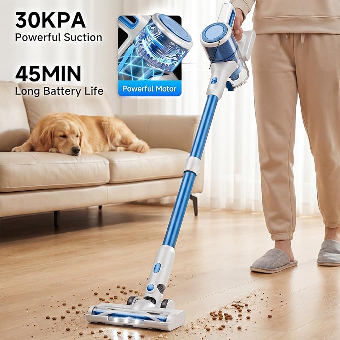 Cordless Vacuum Cleaner for Home - Lightweight, Stick Vacuum Clean with Rechargeable Battery, Max 45Mins Runtime, 8 in 1 Handheld Vacuum for Hardfloor & Carpets Pet Hair, Blue&White