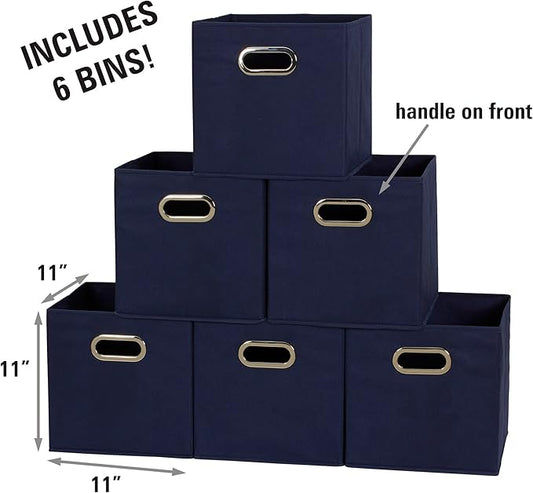 Household Essentials Fabric Storage Bins 6 Piece Set, Strong Poly-Woven Fabric, Sturdy Chipboard Sides, Grommet Front Handle, Stackable and Foldable, Classic Design, Navy