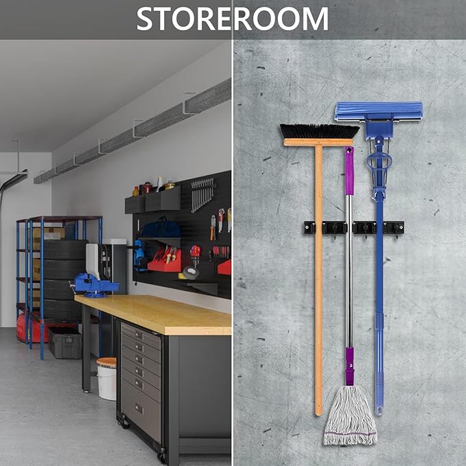 YA MI Mop holder, broom holder, stainless steel wall hanging tool storage device with 3 hooks in 3 positions, suitable for home bathrooms, kitchens, and gardens
