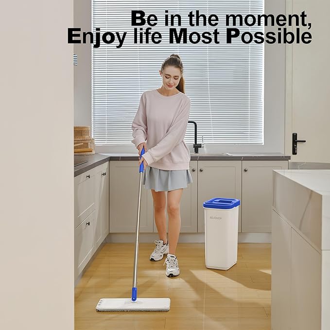 Mop and Bucket Set with Wringer, Squeeze Wall Mop Cleaner with Long Handle, Flat Mop and Bucket System, Dry & Wet Dust Mops for Household Floor Cleaning with 3 Microfiber Mops, Slate Blue
