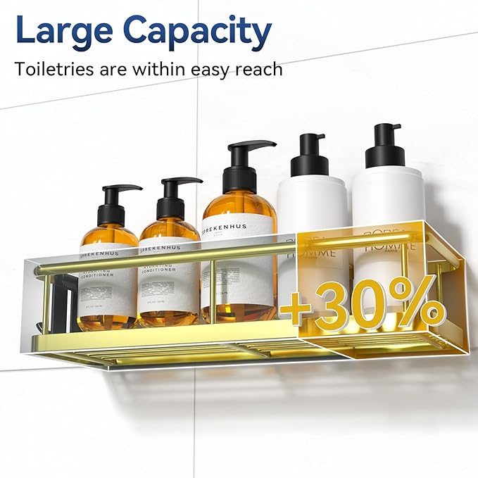 YASONIC Shower Caddy Adhesive, No Drill Bathroom Shower Organizers, with Removable Hooks and Soap Holder, Rust Proof Shower Shelves, Wall-Mounted Shower Holder, 3 Pack, Gold