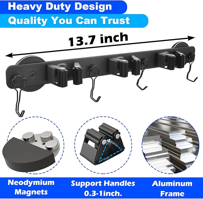 Strong Magnetic Mop Broom Holder, 1 Set Heavy Duty Magnetic Mop Hanger with 4 Hooks, Magnet Tool Hanger Wall Mount Storage Rack Organize System for Refrigerators Workshop Laundry Garage Kitchen