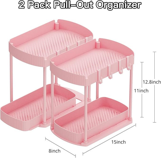 2 Pack Multi-Purpose Pull-Out Storage Organizers, Under Sink & Cabinet Organizers, 12.8 Inch Pink