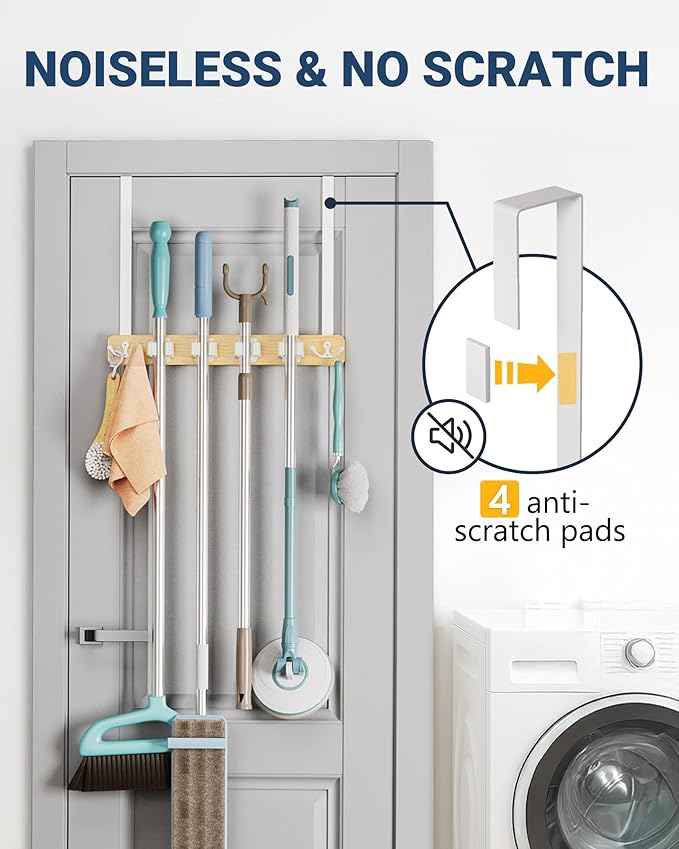Lorbro Broom Holder Door Mount, Over the Door Broom and Mop Holder with 2 Over Door Hooks, Wood Broom Hanger, Tool Rack Organizer for Laundry, Garage, Closet, Kitchen Decor, 4 Slots & 4 Hooks Rustic