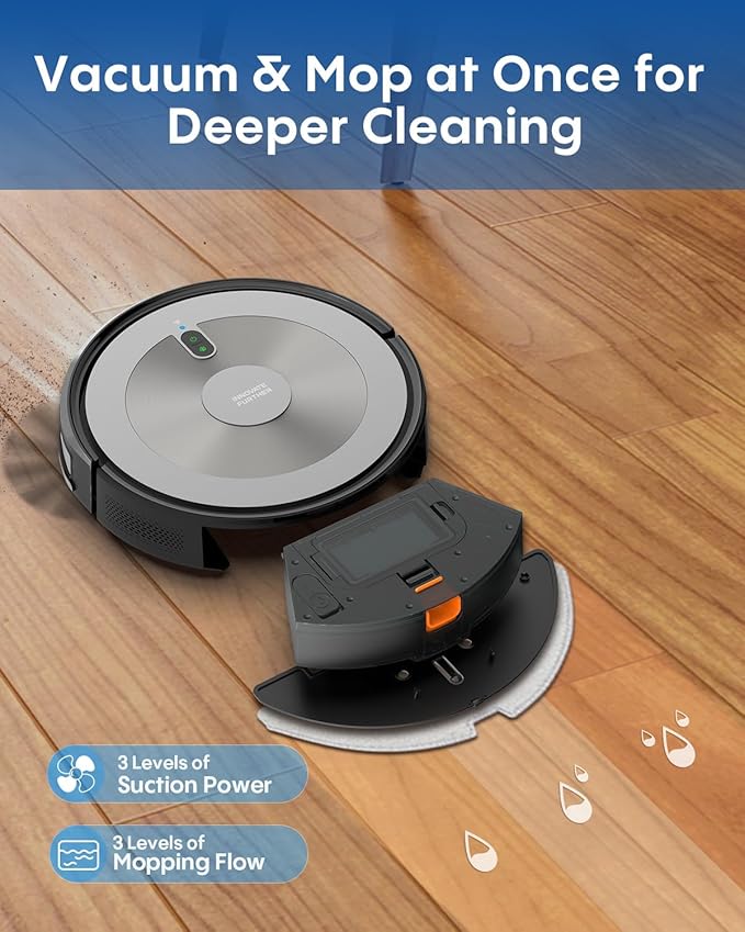 Robot Vacuum and Mop Combo, 5000Pa 3-in-1 Robotic Vacuum Cleaner, Brushless Motor, Tangle-Free Design, Smart App/Alexa Control, Auto Charging & Schedule, ideal for Pet Hair, Hard Floor and Carpet