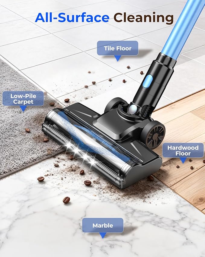 N8 Cordless Vacuum Cleaner, Lightweight Stick Vacuum with Powerful Suction,2200mAh Battery, 40 Mins Runtime, Self-Standing,Rechargeable Vacuum Cleaners for Home Hardwood Floor Carpet Pet Hair (Azure)
