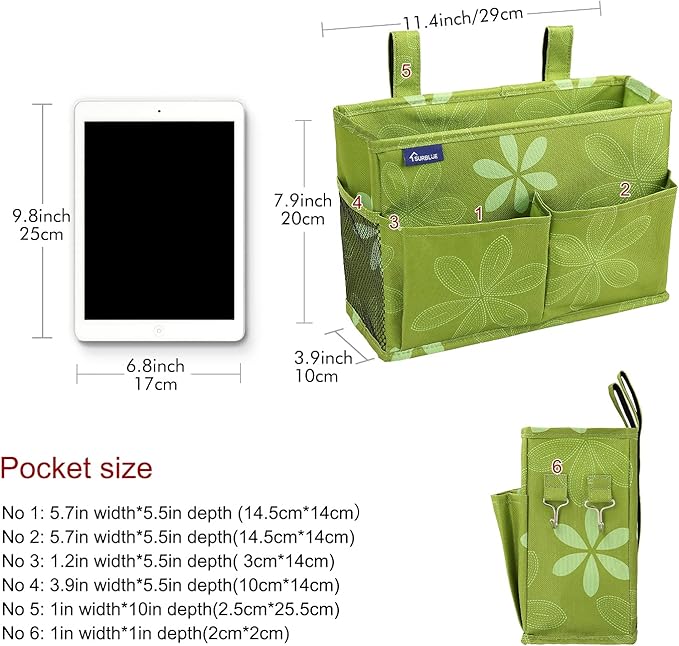 Surblue Bedside Caddy Hanging Bed Organizer Storage Bag Pocket for Bunk and Hospital Beds, College Dorm Rooms Baby Bed Rails,Camp Chiars，Wheelchair Side Bag，4 Pockets and 2 Hooks (Flower)