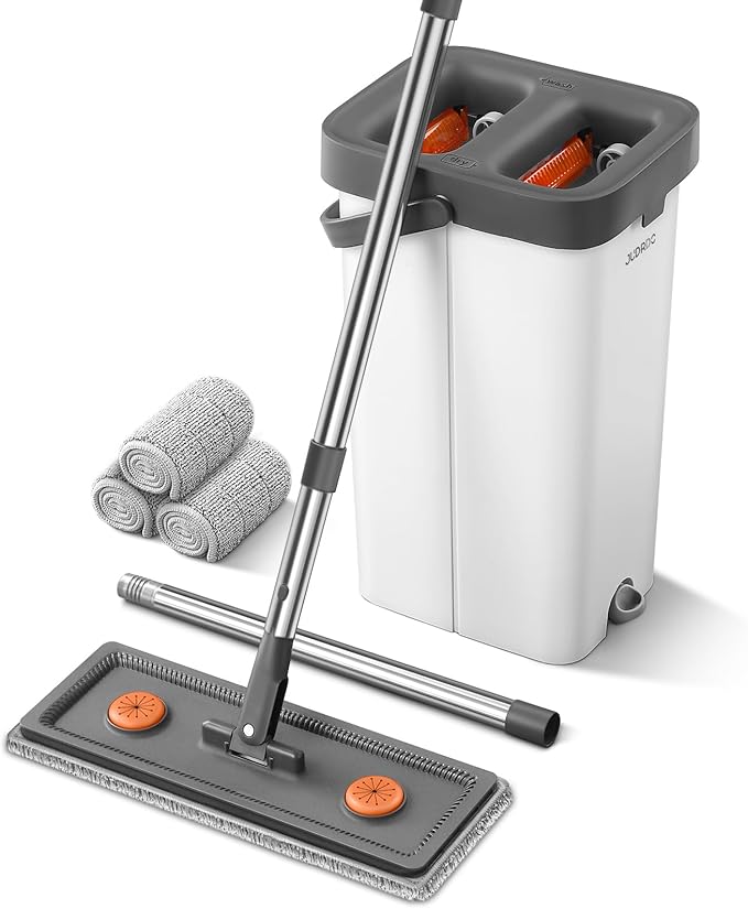 Mop and Bucket with Wringer Set for Home, Flat Mop Bucket Set with 3 Washable Microfiber Pads, Wet and Dry Mop with Long Handle，Wall Cleaner for All Floor Types and Windows