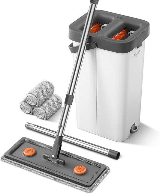 Mop and Bucket with Wringer Set for Home, Flat Mop Bucket Set with 3 Washable Microfiber Pads, Wet and Dry Mop with Long Handle，Wall Cleaner for All Floor Types and Windows