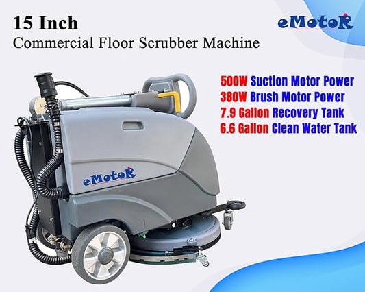 Emotor 15'' Foldable Walk Behind Hand Push Floor Scrubber Machine for Industrial Commercial Use, Upgrade Automatic Water Flow, Machine Size 32"X18"X25"(Gray)