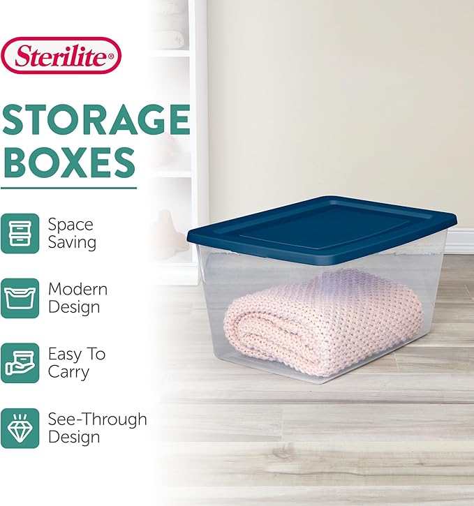 Sterilite 16 Pack Storage Boxes, Clear Plastic Stackable Containers, Lightweight Home Organizers with Snap Lids, 58 Quart, Marine Blue