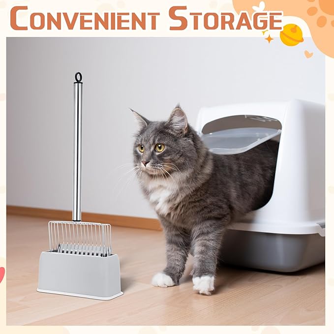 Tioncy Metal Cat Litter Scoop with Holder 17.5 Inch Long Handle Cat Scooper for Litter Box Deep Cat Fast Sifter Shovel Stainless Steel Cat Litter Sifter Scoop Pet Scooper for Kitten Cat Dog Poop