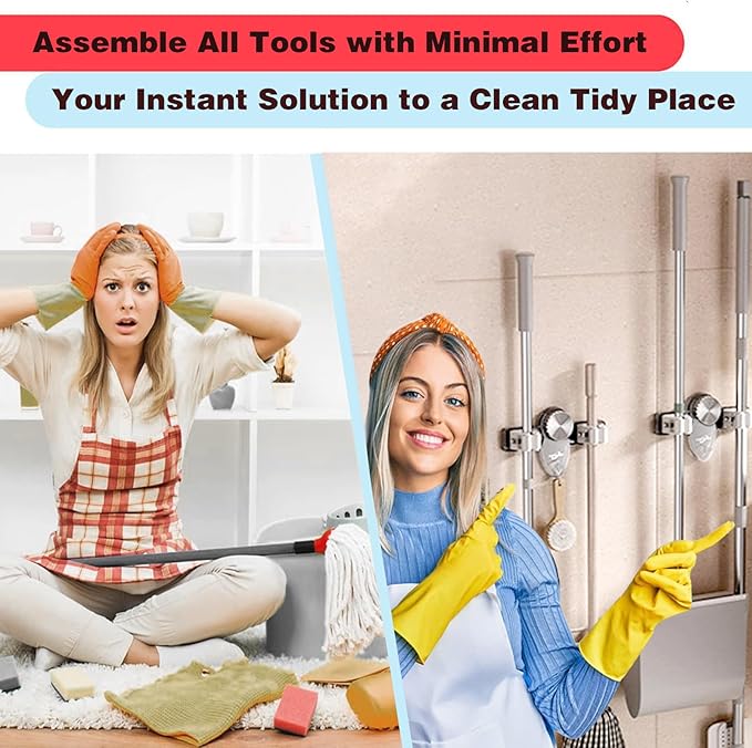 6 Pack Broom Holder Wall Mount Mop Hanger, No Drill Suction Cup Mop Broom Organizer with Hooks, Space Saving Rack Removable Mop Clip for Kitchen, Garage, Bathroom, Laundry Room