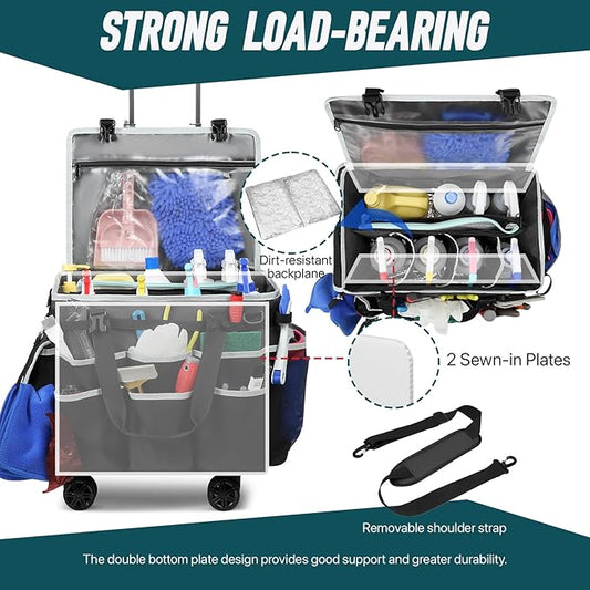Large Rolling Cleaning Caddy Bag with Detachable Trolley, Full Support Plates for Professional Cleaning Supplies Bag, Organizer Bag with 4 Universal Wheels for Housekeepers, Car Wash, Office, Picnic