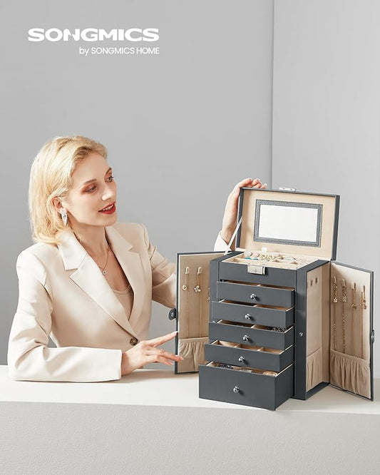 SONGMICS 6-Layer Jewelry Box Organizer with 5 Drawers, Jewelry Storage Case with Lock and Mirror, Large Storage Capacity, Gift for Loved Ones, for Necklaces, Watches, Gray UJBC152G01